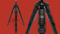 Two black tripods with center columns displayed against a red background, shown from front and side angles.
