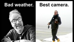 Graphic comparing bad weather conditions with best camera equipment for adverse shooting. Left side shows a person indoors in black and white; right side shows a person outdoors in harsh weather with professional gear.