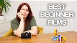 Woman seated at table with vintage film camera and film rolls, text overlay reading "BEST BEGINNER FILMS."