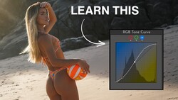 Screenshot of RGB Tone Curve adjustment dialog overlaid on beach portrait photo.