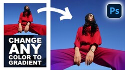 Screenshot of Photoshop tutorial showing color-to-gradient conversion technique on woman's red clothing.
