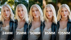 Portrait comparison showing the same woman photographed with five different focal lengths, ranging from 24mm to 135mm.