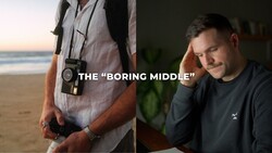 Split-screen comparison showing a photographer with camera gear at a beach and a man at a desk with text overlay reading 'The Boring Middle.'