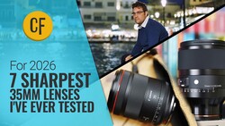 Photography website graphic featuring a man with a camera and two 35mm lenses displayed against an urban waterfront backdrop.
