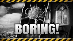 Composite graphic with three black and white photographs separated by yellow and black hazard stripes, with large white text reading "BORING!" overlaid in the center.