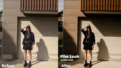 Before and after comparison showing film look color grading applied to portrait of person in black clothing against brick wall.