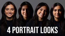 Four portrait headshots of women with long dark hair arranged horizontally against a gray background.
