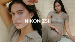 Portrait of a woman in a beige ribbed top shot with Nikon Z5II camera.