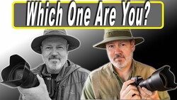 Two photographers wearing cowboy hats holding telephoto lenses against a gray background.