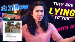 Screenshot of a video thumbnail featuring a person in a pink shirt with text overlays discussing AI and real estate listings.