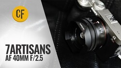 7Artisans 40mm f/2.5 autofocus lens mounted on a mirrorless camera body against a dark background.
