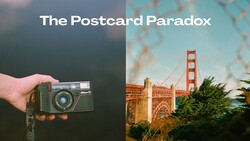 Graphic split between a vintage film camera held in hand on the left and a Golden Gate Bridge landscape photograph on the right.