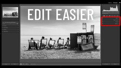 Screenshot of photo editing software displaying a black and white beach scene with text overlay reading 'EDIT EASIER'.
