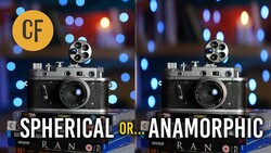 Graphic comparing spherical and anamorphic lens optical properties with vintage rangefinder camera.