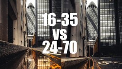 Urban street between tall buildings with text overlay comparing aspect ratios 16-35 vs 24-70.