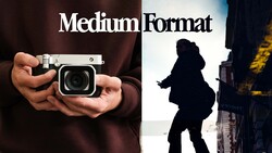 Graphic comparing medium format photography: left side shows hands holding a compact film camera, right side shows silhouetted figure with camera on urban rooftop.