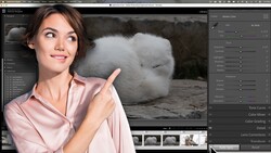 Screenshot of photo editing software showing a portrait of a woman with a white fluffy animal in the background.