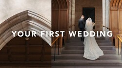 Bride in lace gown and groom on stone church steps with text overlay reading 'YOUR FIRST WEDDING.'
