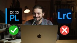 Man at laptop with DXO PL and Lightroom software logos and approval/rejection indicators overlaid.