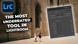 Adobe Lightroom interface showing the Transform panel with adjustment sliders overlaid on a photograph of a stone building.