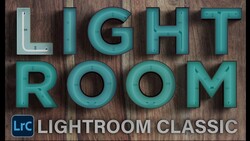 Graphic displaying "LIGHT ROOM" in large turquoise 3D letters on a wood texture background, with Lightroom Classic logo below.