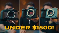 Three camera bodies displayed side-by-side, each held by a person against a warm-toned backdrop.