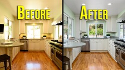 Kitchen renovation before and after comparison showing transformation from warm wood tones to bright white cabinetry.