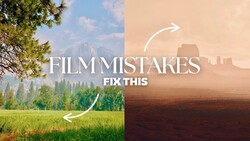 Graphic comparing film mistakes with arrows pointing between a lush forest landscape and a desert landscape.