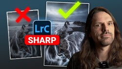 Graphic comparing Lightroom Classic editing results with a red X marking an unfocused image and green checkmark marking a sharp coastal landscape.