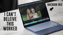 MacBook Neo laptop displaying photo editing software with portrait of two women, with text overlay expressing disbelief at editing results.