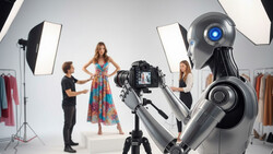 Robot operating a professional camera in a studio photography session with a model and crew.