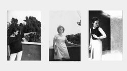 Three black and white portrait photographs of women in casual poses outdoors