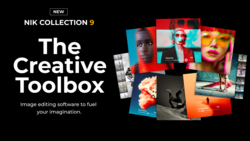 Graphic showing Nik Collection 9 software box with vibrant sample images displaying various photo editing effects and styles.
