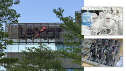 Building signage with illuminated letters partially obscured by tree branches, accompanied by technical detail photographs.