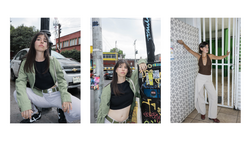 Three fashion styling photos showing a woman in coordinated outfits with neutral tones and layered pieces.