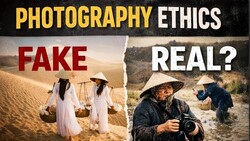 Graphic contrasting staged versus authentic photography examples, labeled fake and real.