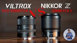 Viltrox Evo 55mm f/1.8 lens positioned beside Nikkor Z 50mm f/1.8 S lens on wooden surface.