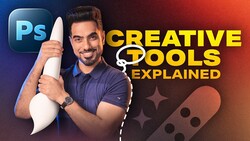 Graphic featuring man holding Photoshop brush tool icon next to text 'Creative Tools Explained.'.