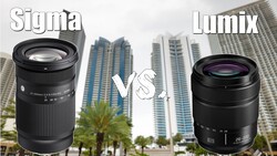 Sigma and Lumix zoom lenses displayed side-by-side against an urban skyline backdrop.