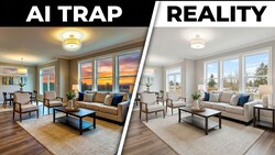 Side-by-side comparison of the same living room showing AI-generated versus realistic photography rendering.