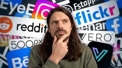 Man with long dark hair in contemplative pose against social media platform logos backdrop.