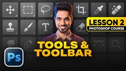 Screenshot of Adobe Photoshop's Tools & Toolbar panel with instructor and lesson title overlay.