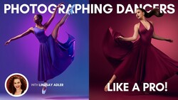Two dancers in flowing gowns leap against gradient purple and red studio backgrounds.