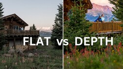 Side-by-side comparison of landscape photography techniques: flat perspective versus depth layering with foreground, middle ground, and background elements.