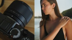 Sony lens with f/2.8 aperture mounted on camera body next to portrait of woman by water.
