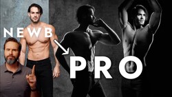 Before-and-after fitness transformation comparison showing three male subjects in different lighting setups.