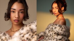 Side-by-side portrait comparison showing a woman wearing a spotted fur garment against neutral and warm-toned backgrounds.