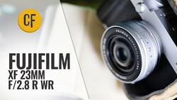 Fujifilm XF 23mm f/2.8 R WR lens mounted on a camera body, shown in silver finish.