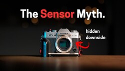 Graphic illustration of vintage film cameras with text overlay reading "The Sensor Myth" and an arrow indicating "hidden downside."