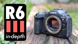 Canon EOS R6 mirrorless camera body displayed on a wooden surface with R6 in-depth review logo overlay.
